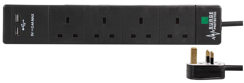 Pro Elec Pel00102 Extension 4 Gang Surge, 2 Usb, Black 3M