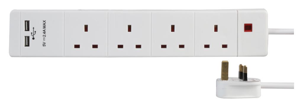 Pro Elec Pel00106 Extension 4 Gang With 2 Usb, White 3M