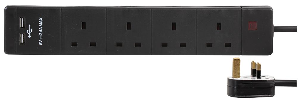 Pro Elec Pel00110 Extension 4 Gang With 2 Usb, Black 3M