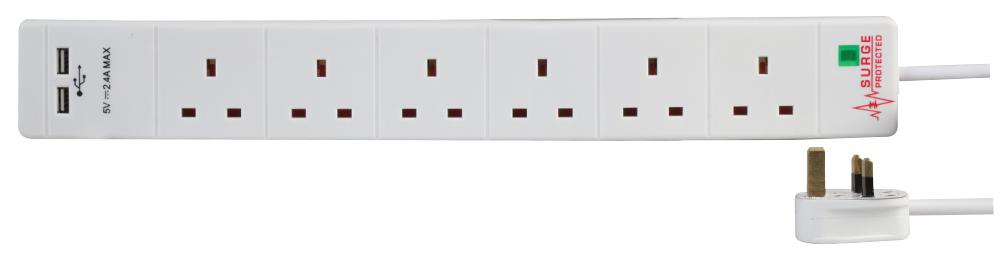 Pro Elec Pel00112 Extension 6 Gang  2 Usb Surge Wht 1M