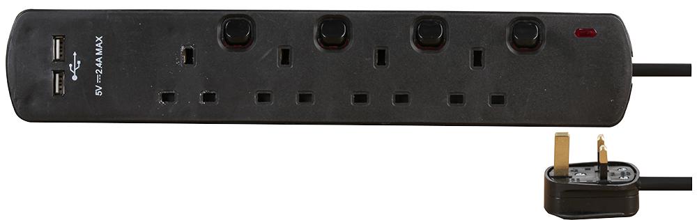 Pro Elec 8418Su Blk Extension Lead 4 Gang With Usb Black 2M