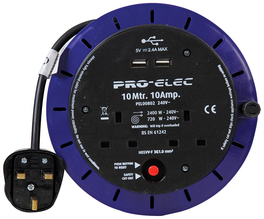 Pro Elec Pel00802 Cassette Reel, 2-Gang, 10A With Usb 10M