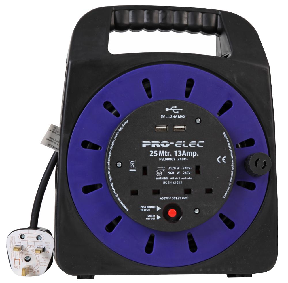 Pro Elec Pel00807 Handbag Reel, 2-Gang, 13A With Usb 25M