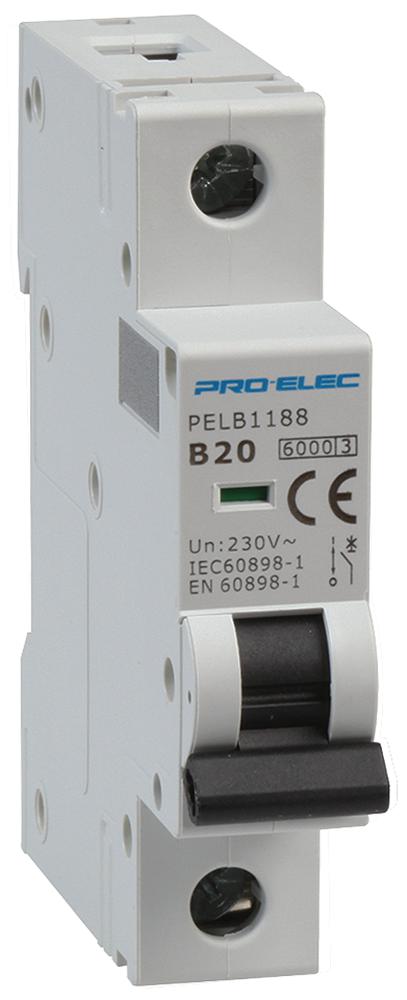 Pro Elec Pelb1188 Circuit Breaker, 1P, 20A, 415V, Din Rail