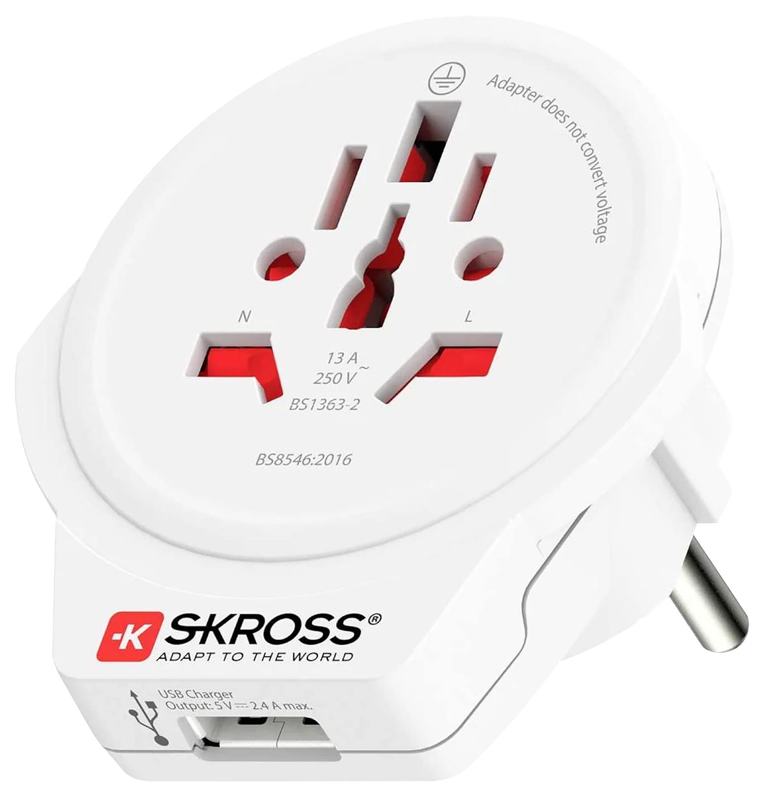 Skross 1.500266 Travel Adapter, World-Eu Usb, 16A/250V