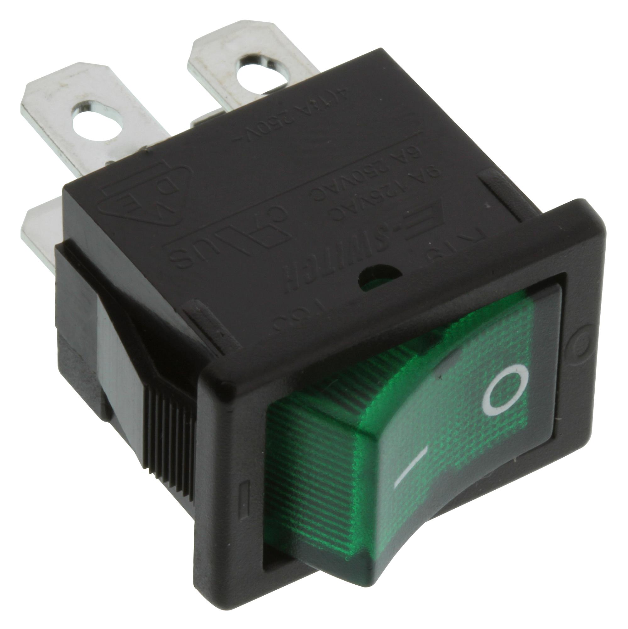 E-Switch R1973Bblkgilff1. Rocker Switch, Dpst, 9A, 125Vac, Green