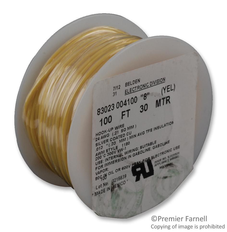 Belden 83023 004100 Hook Up Wire, 100Ft, 24Awg Copper Yellow