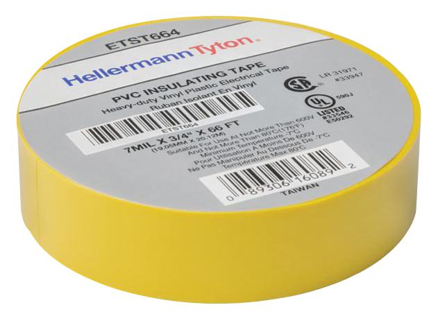 Hellermanntyton Etst664 Elect Tape, Pvc, Yel, 20.12M X 19.05Mm