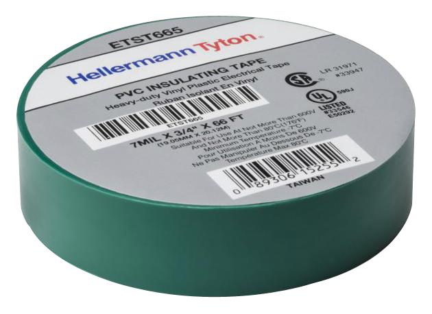 Hellermanntyton Etst665 Elect Tape, Pvc, Grn, 20.12M X 19.05Mm